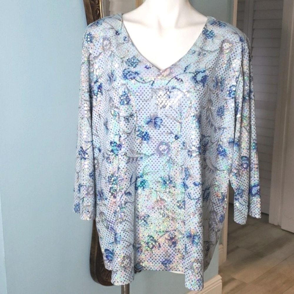 Sparkle Blue Floral Dressy Top Fashion Bug